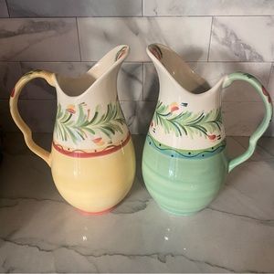Gail Pittman Vintage Ceramic Pitcher Sienna Yellow + Sage Green Floral Lot 2
